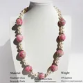 Ethnic beaded necklace with pink green lampwork beads and white pearls 50cm - Pink Spotted Pattern Necklace