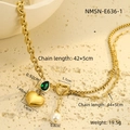 Detailed size chart for gold double layer heart necklace with green stone and pearl - Vintage Double Heart Emerald Pearl (NMSN-E636-1)