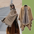 Brown hooded knit poncho with ethnic patterned trim for desert travel and photography - 150*130cm / Camel