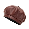 Classic dark brown PU leather newsboy cap with retro paneled design and top button - M (56-58cm) / Brown