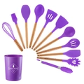 12-piece purple silicone kitchen utensil set with wooden handles and matching storage bucket - Purple