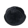 Detail of black velvet beanie with thick faux lamb wool brim and top pompom decoration - Adjustable / Black