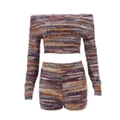 Detail of fuzzy knitted long sleeve crop top and high waisted shorts set in multi-color stripes - S / Red Striped Two-Piece Set