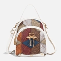 Mini-Rucksack aus buntem Patchwork-Leder mit goldener Flamingo-Verzierung und Kettenquaste - Weiß
