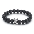 Men's beaded bracelet with matte black onyx stones and a silver metal wolf head charm - Matte Black Agate (KB70694-BD) / 10mm