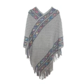 Detailed close-up of grey knitted poncho featuring colorful geometric trim and fringe tassels - Gray