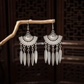Ethnic silver-style peacock earrings with fan pattern and delicate feather tassels - Silver Fan Feather Tassel Style 2(E5497-2)
