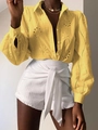 Women's yellow hollow-out embroidered long sleeve shirt paired with white shorts - XS / Yellow