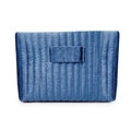 Quilted velvet makeup bag in deep blue finish with vertical stripes and large capacity - Trapezoid Dark Blue (with Strip)