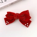 Red velvet bow hair clip for girls with glitter finish and pearls for Lunar New Year - Style 3: Small Bow Clip with Pearls