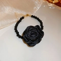 Detail of elegant black fabric camellia flower choker necklace with pearl bead chain - 76# Bracelet-Black Beaded-Black Rose