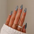 Gray cat eye almond false nails set with magnetic shimmer on elegant hand with rings - Grey Cat Eye (XB-36-14)