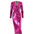 Detail of rose red metallic fabric dress with deep V-neck and ruched twist design knot - S / Rose Red