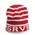 Detailed view of the red and white striped knit beanie with RGRVB letter embroidery - M (Elastic) / Red