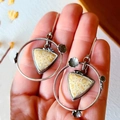 Bohemian silver hoop earrings with triangle stone inlay and floral relief detail - S582 Large Nested Circle