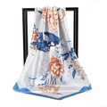 Elegant satin silk square scarf featuring blue leaves and orange floral prints - Rich Peony Blue Edge Khaki Flower (SD90-23-4)