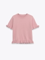 Top de punto rosa de manga corta con cuello redondo clásico y detalles de dobladillo volado - S / Rosa