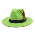 Detail of bright green fedora hat featuring black ribbon and colorful feather accent - M (56-58cm) / Fruit Green