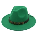 Detail of green wool felt fedora with vintage shell metal hardware on a leather band - Grass Green