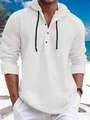 Men's white cotton blend hooded shirt with button placket and black drawstrings - S / White