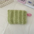 Green plush heart-shaped coin purse with pink lanyard loop on white artistic background - Green Stripes