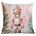 Rosa und goldener Weihnachtskissenbezug mit Nussknacker-Soldat und Tannenzweigen - Nussknacker