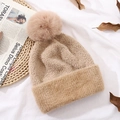 Beige knitted winter beanie with a large faux fur pompom and wide folded brim - Khaki