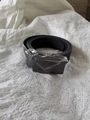 Classic black leather phone holster for belt with gold V-pattern metal buckle finish - Black Belt