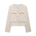 Beige tweed cropped jacket with long sleeves and detailed gold buttons on white background - Grey Khaki