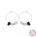 Pendientes de aro retro de plata de ley S925 con perlas de obsidiana y perlas blancas - Platinado / Plateado