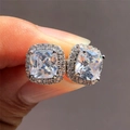 Sparkling square halo stud earrings with micro-pave cubic zirconia in silver finish - White