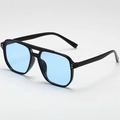 Retro double-bridge sunglasses with black frame and light blue lenses in 45-degree view - Black Frame Blue Lens