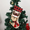 Christmas stocking with 3D reindeer doll featuring red plaid cuff and burlap body - Reindeer Buffalo Plaid