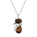 Collier ethnique en acier inoxydable avec pendentif chat orné de pierres œil de tigre brunes - Œil de tigre (Brun)