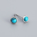 Classic round turquoise stud earrings with natural black veins in s925 silver finish - Blue Turquoise