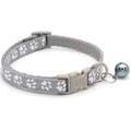 Grey pet collar with white paw and heart prints, featuring a buckle and silver bell - JY Paw Print / Gray