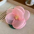 Sweet pink fabric flower hair clip with yellow center and green leaf accessory - 22# Duckbill Clip - Pink Mesh Flower