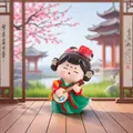 Cartoon Tang Dynasty lady figurine in green dress playing lute on wooden garden floor - Small Graceful Dance