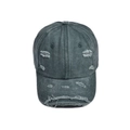 Close-up of distressed vintage dark grey baseball cap with frayed edges and torn details - 56-60cm (Adjustable) / Green