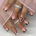 Classic black French heart press-on nails in medium square shape on a hand model - Black French Heart Style (CW811) / 24Pcs Set (Includes Jelly Glue + File)