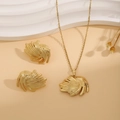 Luxury golden jewelry set with textured leaf necklace and matching earrings - Feather Leaf Style (E6210-9)