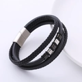 Men's multilayer black braided leather bracelet with stainless steel magnetic clasp - Black