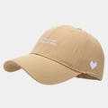 Detail of khaki cotton baseball cap featuring white heart and text embroidery - Adjustable / Khaki