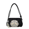 Sac bandoulière en PU noir avec broderie florale élégante et pendentif à pompon blanc - Noir