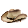 Chapeau de cowboy en paille dégradé marron avec perles et mentonnière réglable - M (56-58cm) / Beige Café Dégradé