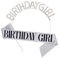 Detail of silver rhinestone Birthday Girl headband and glitter sash party set - Birthday Girl / Girl Silver Set