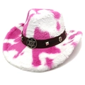 Detail of pink cow print plush cowboy hat with brown leather band and metallic studs - M (56-58cm) / Heart Crown Rose Red