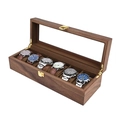 Boîte à montres vintage en bois à 6 fentes, fini noyer, avec vitre et fermoir en métal - Boîte À Montres 6 Emplacements Grain De Bois De Noyer-Intérieur Café