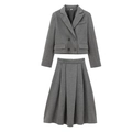 Chique donkergrijze double-breasted korte blazer en geplooide mini-rok tweedelige set - XS / Grijze kostuum 2 delige set