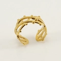 Adjustable 18K gold-plated stainless steel mesh ring with cross lines and metal beads - Gold